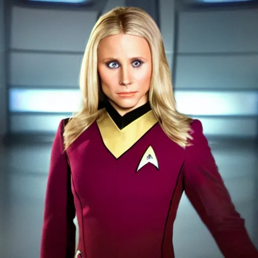 Image similar to a beautiful full body photograph of kristen bell as a star fleet officer from star trek next generation, extreme realism and detail, 8 k, completely framed, direct lighting, 3 5 mm photo, photorealistic, sharp focus