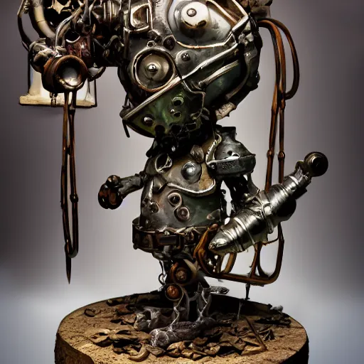 Prompt: a dnd gnome warforged head in a glass tank, mechanical spider legs, steam punk style, ansel adams photograph