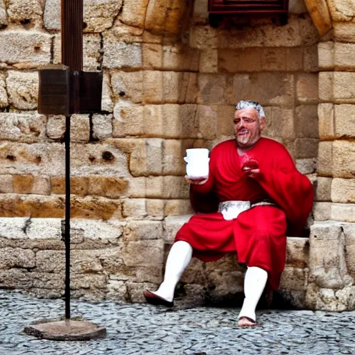 Image similar to a man wearing a roman costume drinking a coffee in alhaurin de la torre in spain