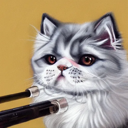 Image similar to a hyper realistic portrait of the persian cat. the persian cat has a determined expression and is holding a bazooka. highly detailed and trending on art station.