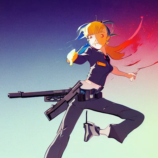 Prompt: stunning police woman pointing gun, cinematic shot, animation cel for anime movie, designed by haruhiko mikimoto, studio trigger, gainax, intense colors, trending on artstation, fan favorite design