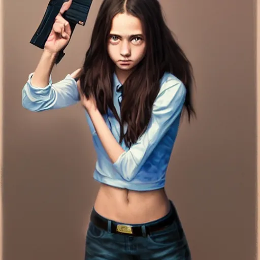 Prompt: portrait of a brunette thin teenager girl with blue eyes wearing school, uniform aims a gun, light stubble, digital art,photorealistoc,art by greg rutkowski,hyperdetailed,western comic style,comic,comic style,sharp lineart,professional lighting,deviantart,artstation,trevor henderson,rossdtaws,cinematic,dramatic