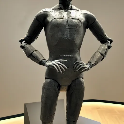 Image similar to a realistic detailed photo of a guy who is an attractive humanoid who is half robot and half humanoid, who is a male android, twitch streamer ninja tyler blevins, shiny skin, posing like a statue, blank stare, at the museum, on display