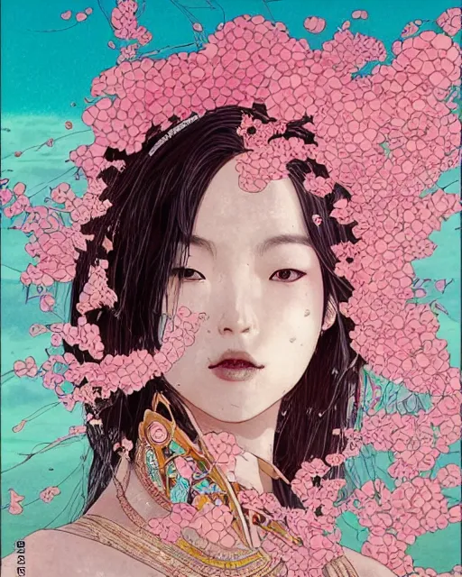 Image similar to lee jin - eun in luxurious dress emerging from pink and turquoise water in egyptian pyramid city during an eclipse by takato yamamoto, nicola samuri, conrad roset, m. k. kaluta, martine johanna, rule of thirds, elegant look, beautiful, chic, face anatomy, cute complexion