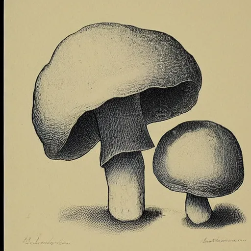 Prompt: mushrooms lithograph by adolphe millot