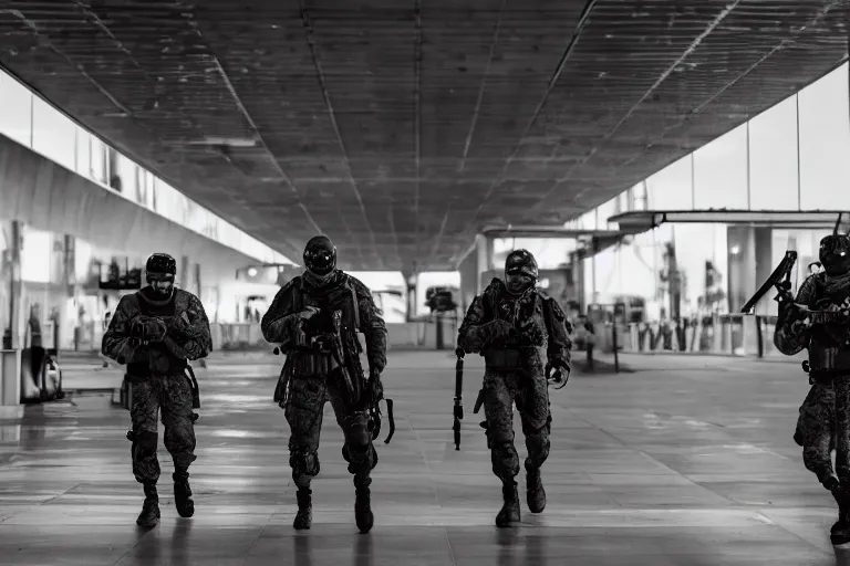 Image similar to Mercenary Special Forces soldiers in grey uniforms with black armored vest and black helmets fighting inside an airport in 2022, Canon EOS R3, f/1.4, ISO 200, 1/160s, 8K, RAW, unedited, symmetrical balance, in-frame, combat photography