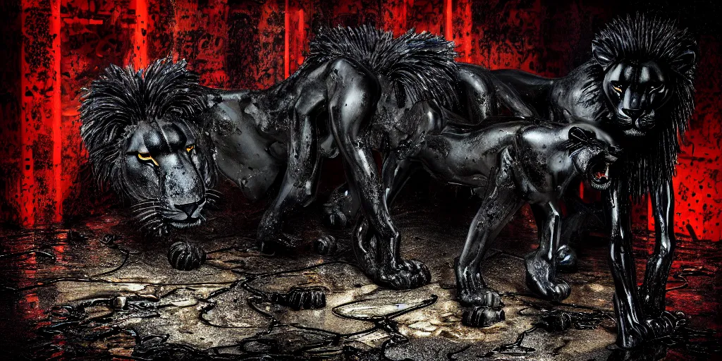 Prompt: the black lion and lioness pack made of tar, dripping tar, dripping goo, sticky black goo, stalking prey in the ferrofluid covered sketchy alley at night, dripping goo, sticky black goo. photography, dslr, reflections, black goo, rim lighting, cinematic light, horror, contrast, volumetric, neon, tar pit, colorful, cyberpunk