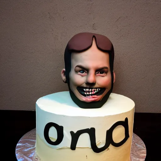 Image similar to face made of cake, top down light, bleak lighting, cursed image