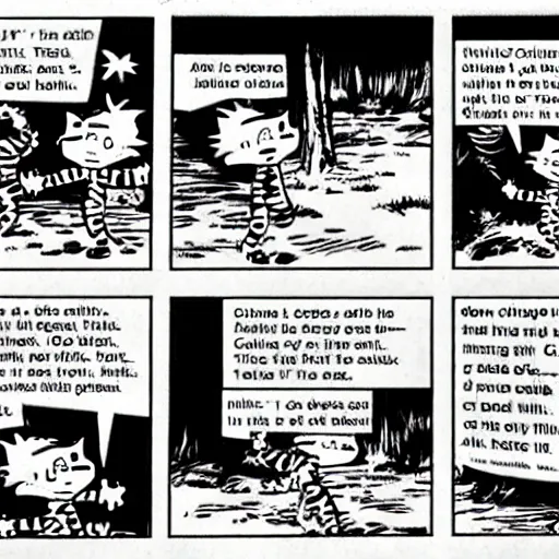 Image similar to calvin and hobbes got really dark all of a sudden. newspaper strip from the 1 9 8 0 s