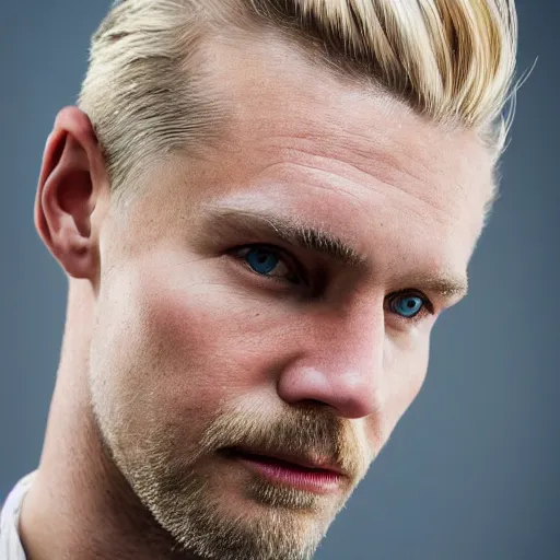 Image similar to close up of face of good looking 4 0 year old slavic blond man with blond stubble, very short wavy blond hair in a short pompadour style, pale skin, very dark blue eyes, hairy shoulders, hairy chest, portrait, 4 k