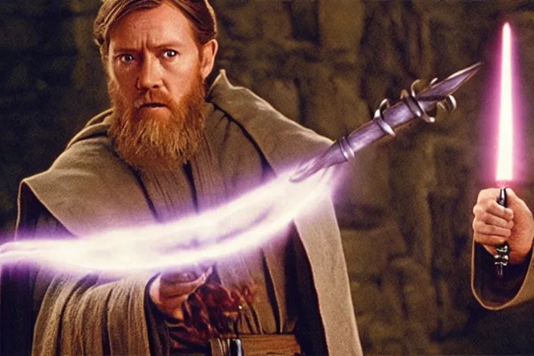 Image similar to film still, obi wan kenobi casting spells with a wand in the last harry potter movie,