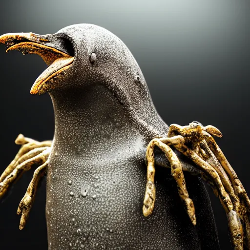 Image similar to photo taken of an epic intricate, ultra detailed, super realistic gritty, wet, lifelike sculpture of a ghoulish cyborg penguin created by weta workshop, zoomed in shots, sublime subsurface scattering, photorealistic, sharp focus, white wall coloured workshop, desaturated, cold colour temperture, f 0. 4, face centred, golden ratio, golden hour