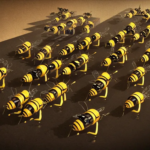 Image similar to a team of bee robots, hyperrealistic, digital art, 4 k