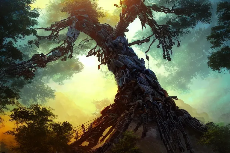 Prompt: ancient mecha trees in the forest looking up a tree during a beautiful sunset, jungle mountains in the background with huge incredibly immense trees, highly detailed, hyperrealism high detailed figure, trending on art station, ancient forest like fanal forest or fangorn forest, misty forest, realistic painting, sharp image, hyper realistic art, highly detailed leaves, cinematic