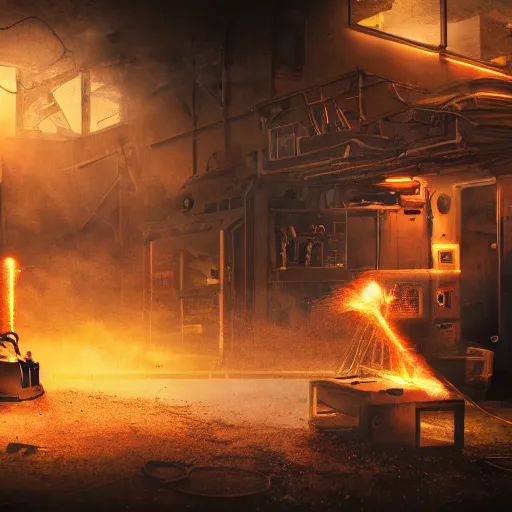 Image similar to toaster oven terminator robot, dark messy smoke - filled cluttered workshop, dark, dramatic lighting, orange tint, sparks, cinematic, highly detailed, sci - fi, futuristic, movie still