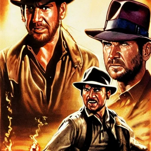 Prompt: indiana jones movie poster with villains soldiers explosions car chases