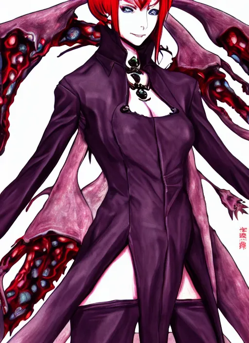 Prompt: shin megami tensei art of a demon called margaret thatcher, art by kazuma kaneko, demonic! compedium!, digital drawing, law - alligned, white background, high quality, highly detailed