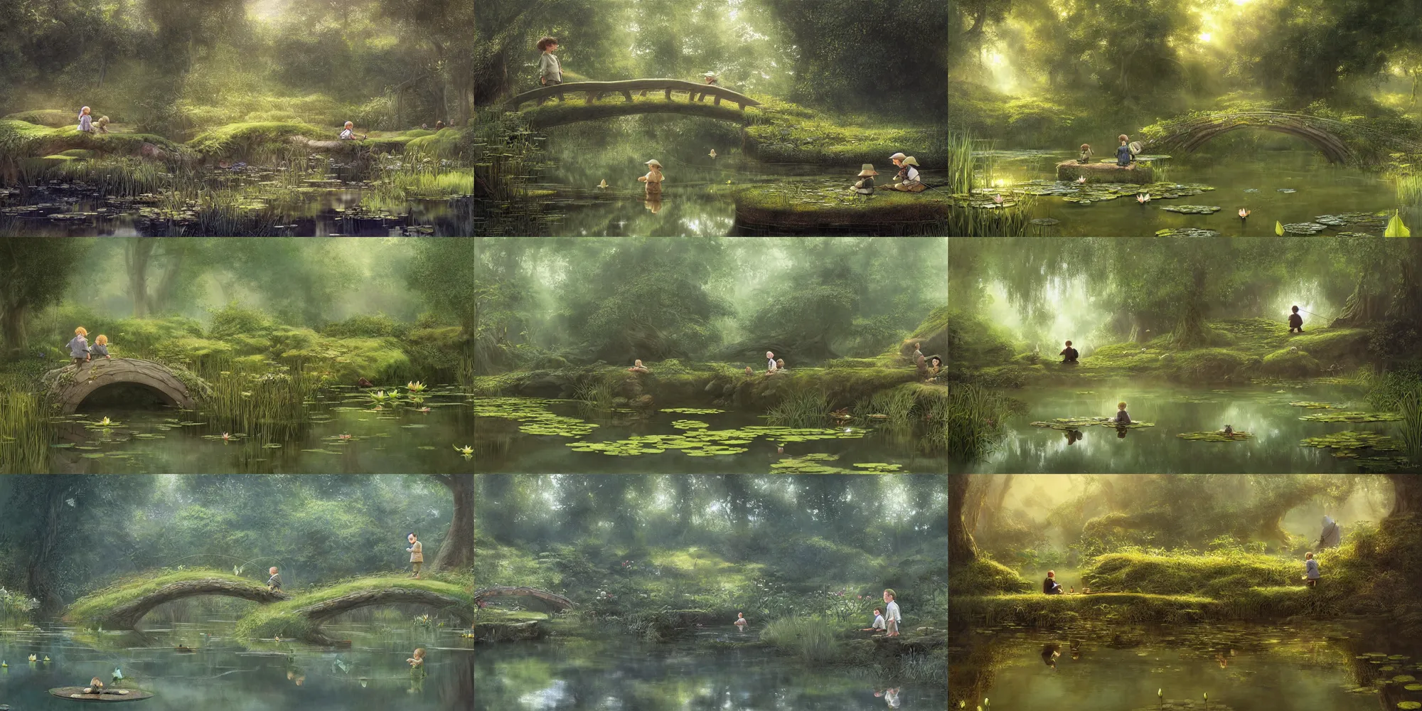 Prompt: two cute hobbit fishing in a mirror - like pond covered with lotus flowers, by alan lee, dark foggy forest background, sunlight filtering through the trees, digital art, art station.