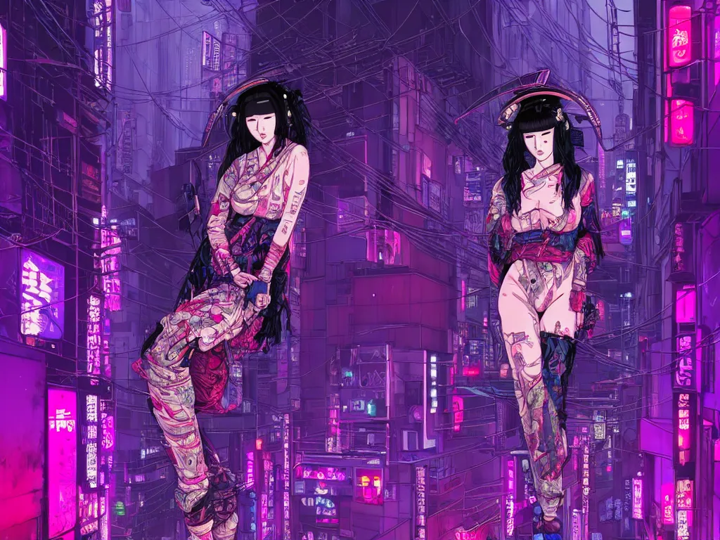 Image similar to high detailed lone dead geisha in a cyberpunk rainy city at night by Josan Gonzalez, purple and pink and blue neons, unreal engine, high quality, 4K, UHD, trending on ArtStation, wires, blade runner vibes, ghost in the shell, akira, dorohedoro