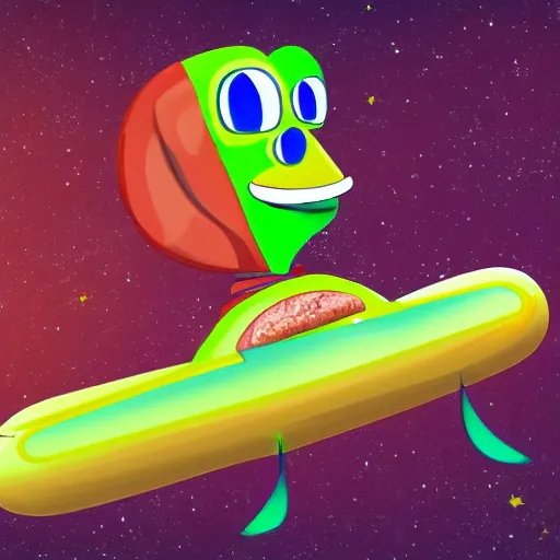 Prompt: a beautiful hotdog character in space wearing a tuxedo with colorful bright green eyes, medium shot, hd, 8k, hyper-realism, detailed,