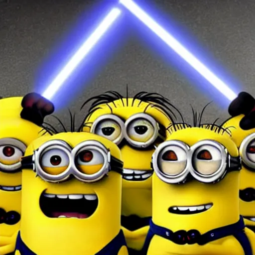 Image similar to the minions having a lightsaber duel with the minions,