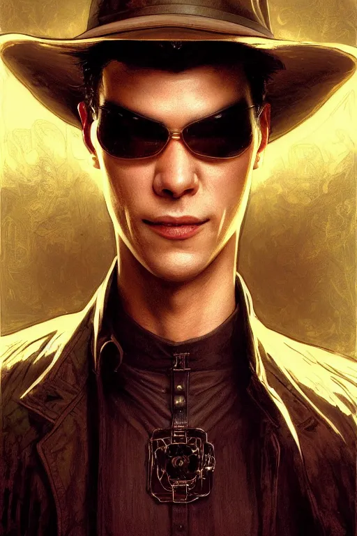 Image similar to portrait of Neo from The Matrix wearing a cowboy hat and a big ornate golden belt buckle, D&D, fantasy, highly detailed, digital painting, artstation, concept art, smooth, sharp focus, illustration, art by artgerm and greg rutkowski and alphonse mucha