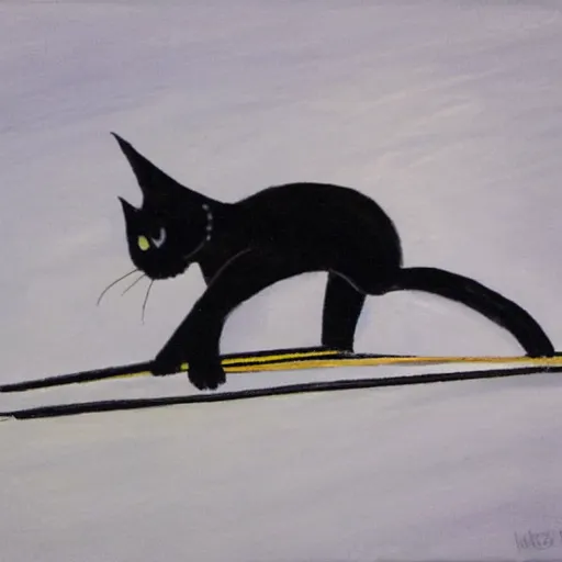 Prompt: black cat zooming on skis, in the style of Picasso