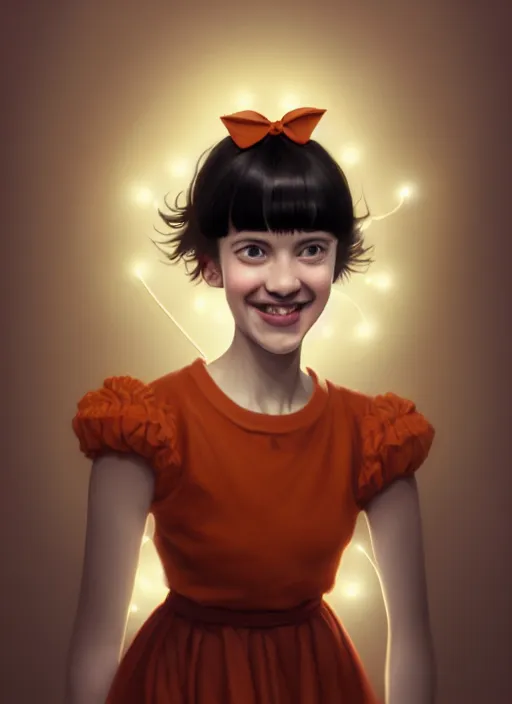 Image similar to portrait of high school girl, realistic, black hair, bangs, half updo hairstyle, pointy nose, skinny, smile, ugly, defined jawline, big chin, orange hair bow, earrings, intricate, elegant, glowing lights, highly detailed, digital painting, artstation, sharp focus, illustration, art by wlop, mars ravelo and greg rutkowski