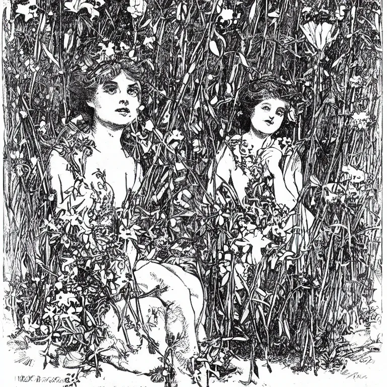 Prompt: a walther caspari illustration in lustige blatter in 1 8 9 9 of a ( young goddess, sitting on a conical pile of small skulls ) with huge flowers on tall stalks behind her, black and white pen an ink drawing