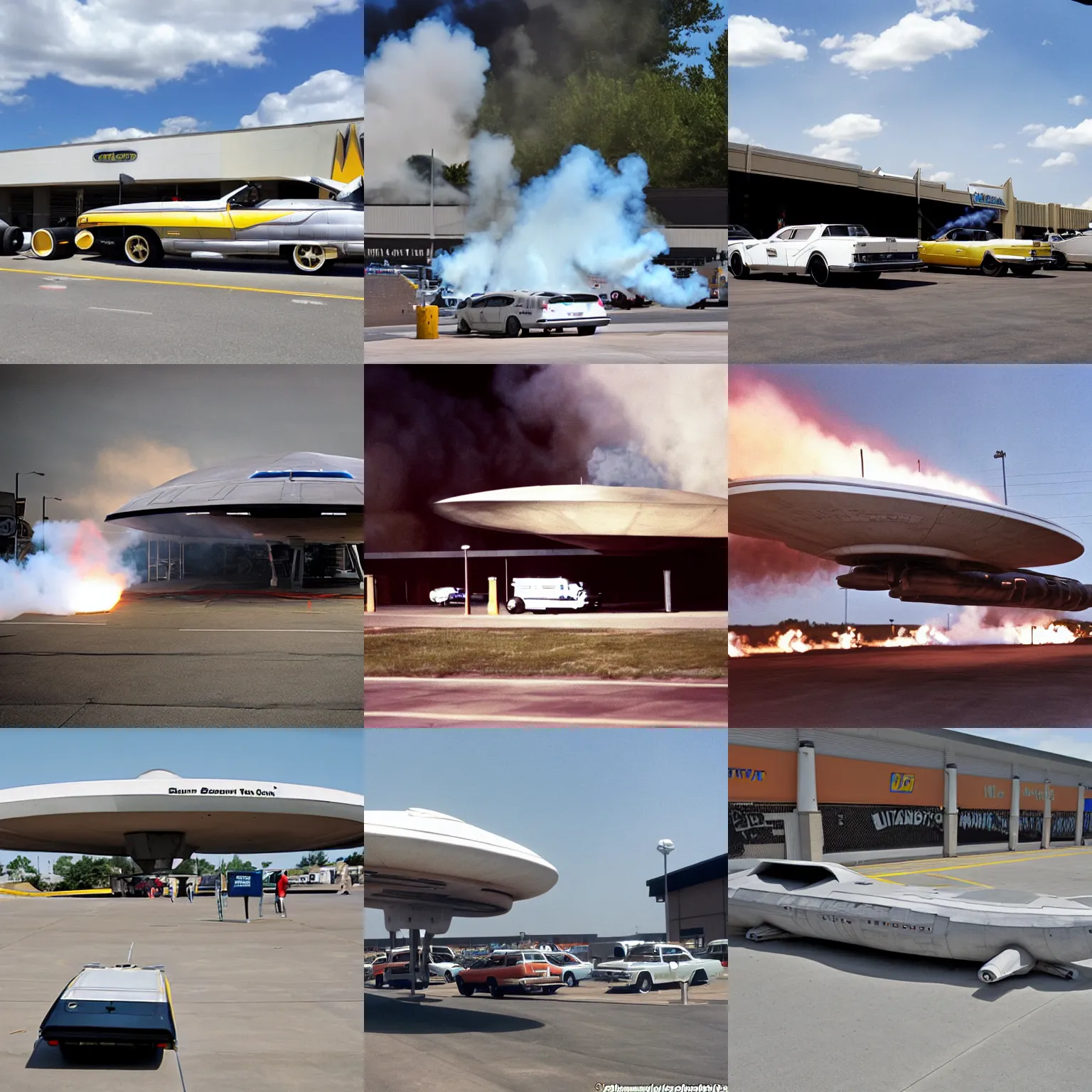 Prompt: the starship enterprise ncc - 1 7 0 1 doing burnouts in a wal - mart carpark