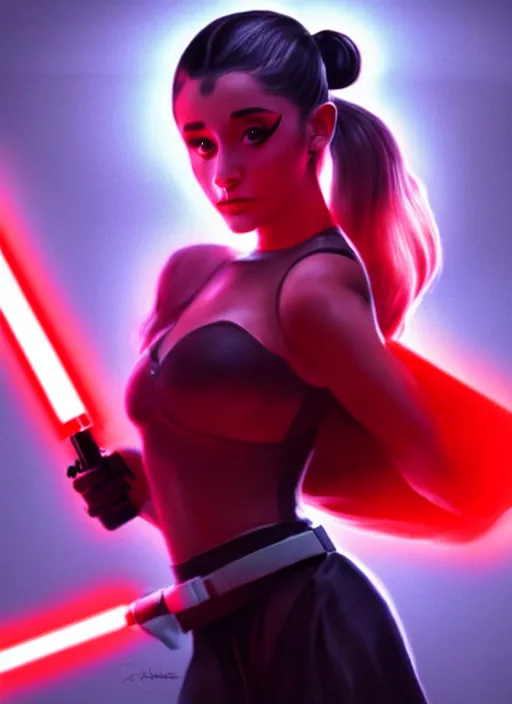 Image similar to Photo of Sith Ariana Grande with a red light saber, Star Wars concept art, trending on artstation, dramatic lighting, photo-realistic