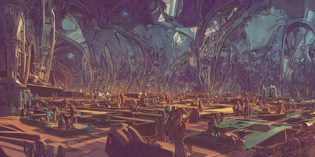 Image similar to cel shaded cinematic shot of the interior of a sci-fi space station with ornate Elven architecture bustling with people, epic castle, emerald, crystalline, detailed illustration, sharp focus, concept art by Moebius, Jean Giraud Moebius
