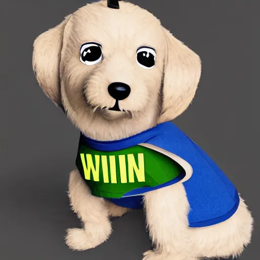 Image similar to a photorealistic dog character is wearing a shirt which writes'win'