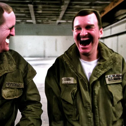 Image similar to a high quality color creepy atmospheric dimly lit extreme closeup film 3 5 mm depth of field photograph of 2 men wearing army fatigues laughing hysterically having casual conversation inside a top secret military base in antarctica in 1 9 8 2