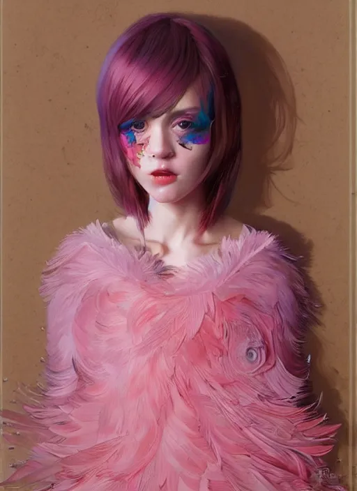 Image similar to beautiful young girl with an pink eccentric haircut wearing an dress made of feathers, artwork made by ilya kuvshinov, inspired in donato giancola, hd, ultra realistic, reflection, stage