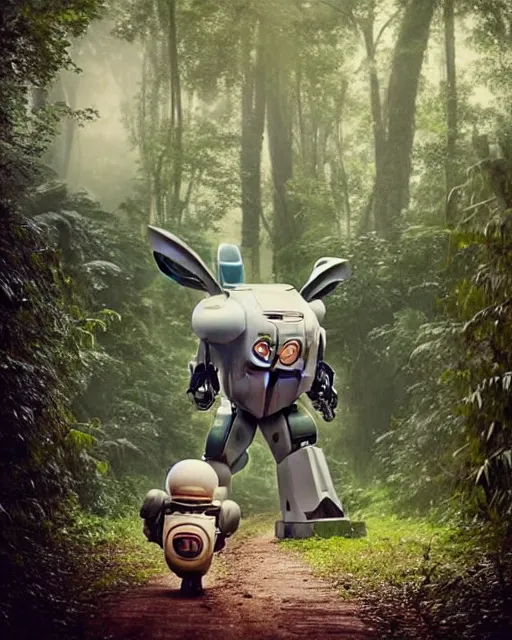 Image similar to epic chase!!!giant oversized battle rabbit robot chubby fat mech with big ears as battle mecha rabbit robot weapon fiat 126p , in jungle forest !!! , full body , Cinematic focus, Polaroid photo, vintage , neutral dull colors, foggy mist ,by oleg oprisco , by victor enrich , by gregory crewdson , by discovery channel