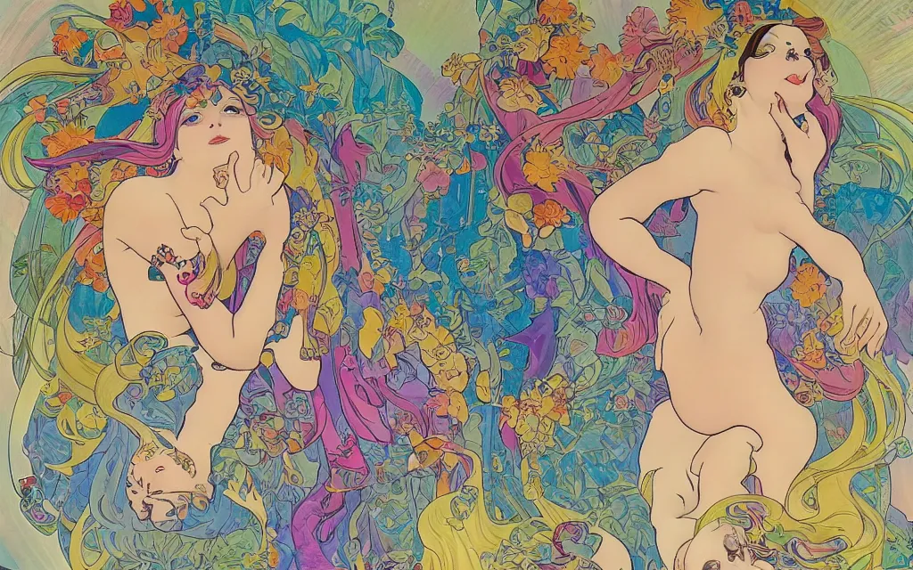 Image similar to i dream a dirty dream of you baby you're crawling on the bathroom floor in the style of lisa frank and alfons mucha