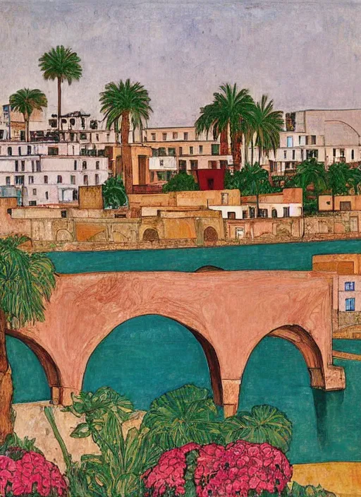 Prompt: ahwaz city in iran with a big arch bridge on local river, 2 number house near a lot of palm trees and bougainvillea, hot with shining sun, painting by egon schiele