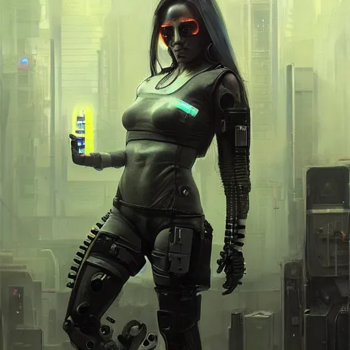 Image similar to female cyberpunk cyber hacker, cybernetic implants, wires, cables, grunge grime, realistic shaded, fine details, realistic shaded lighting painting by greg rutkowski, diego gisbert llorens, magali villeneuve, artgerm, jeremy lipkin, michael garmash, rob rey