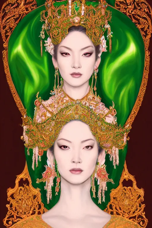 Image similar to a beautiful empress photo portrait, with a brilliant, impossible striking shiny big emerald headpiece, white and emerald robes, symmetrical, rococo, baroque, jewels, asian, realistic, closeup, D&D, fantasy, intricate, elegant, highly detailed, digital painting, artstation, octane render, 8k, concept art, matte, sharp focus, illustration, art by Artgerm and Greg Rutkowski and Alphonse Mucha