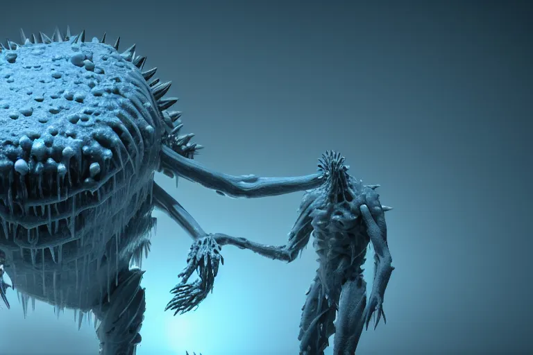 Image similar to huge bulky ice creature made out of a humanoid nervous system with large meaty spikes all over the body, cinematic, volumetric lighting, f 8 aperture, cinematic eastman 5 3 8 4 film, photorealistic