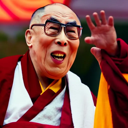 Image similar to furious dalai lama punches the camera