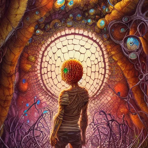 Image similar to fungus labyrinth mohawk scales portrait by gaston bussierre and charles vess and james jean and erik jones and rhads, inspired by rick and morty, epic, funny, huge scale, beautiful fine face features, intricate high details, sharp, ultradetailed