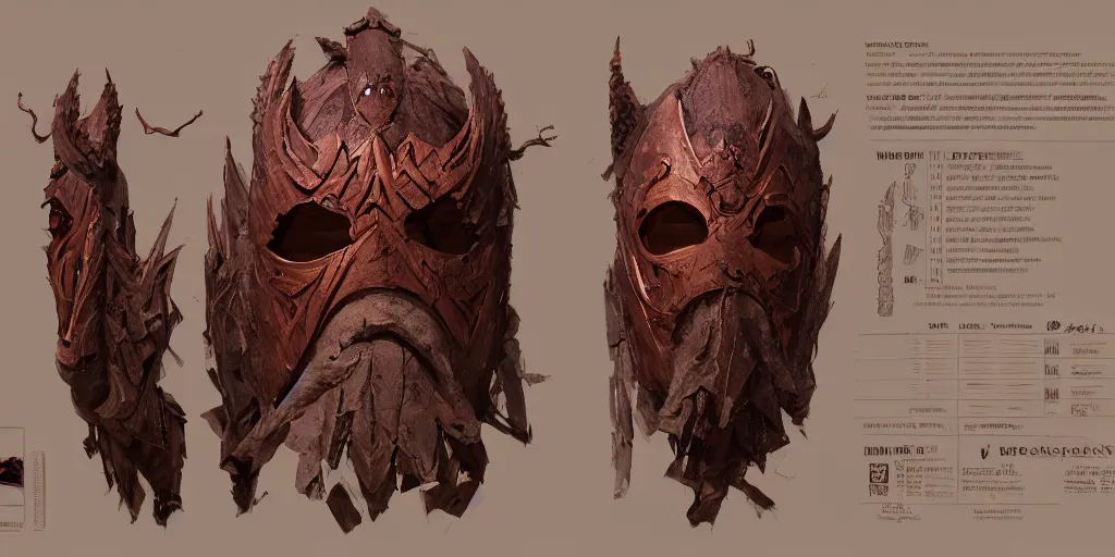 Image similar to wooden mask of fear character design, character sheet, Moebius, Greg Rutkowski, Zabrocki, Karlkka, Jayison Devadas, Phuoc Quan, trending on Artstation, 8K, ultra wide angle, zenith view, pincushion lens effect