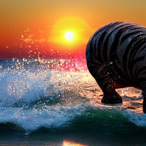 Image similar to a closeup photorealistic photograph of a cute smiling knitted tiger hippopotamus chasing a beachball at sunset. surf in the background. professional capture. this 4 k hd image is trending on artstation, featured on behance, well - rendered, extra crisp, features intricate detail, epic composition and the style of unreal engine.