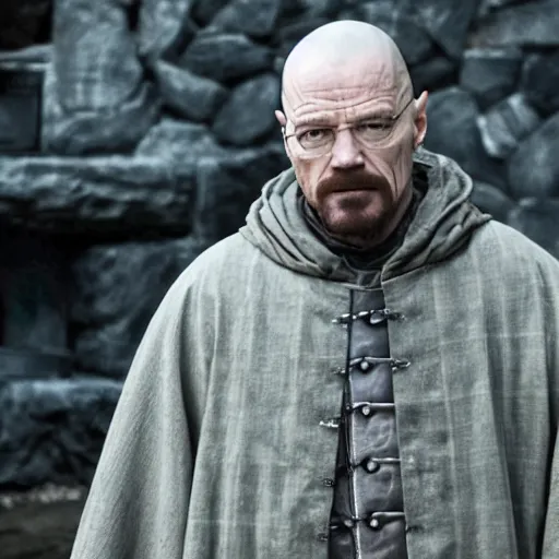 Prompt: Walter White having a cameo in Game Of Thrones, film footage