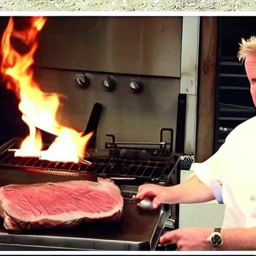 Image similar to Camcorder footage of Gordon Ramsey grilling a steak in the background, In the Backrooms (found footage)