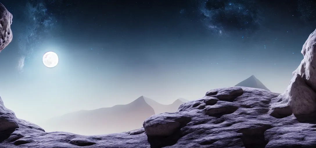 Image similar to uhd, filmic lighting, cinematic art shot, hyperrealistic, hyperdetailed, super detailed, 8 k, high resolution, moon landscape, white rocks made of bone, 8 k uhd matte painting, mega high white mountain, midnight