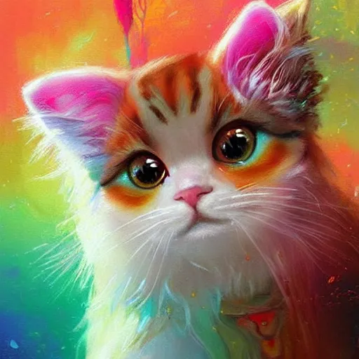 Prompt: An adorable and colorful fantasy painting of a cute and happy long-hair cat with colorful fur, by greg rutkowski and thomas kinkade, trending on artstation