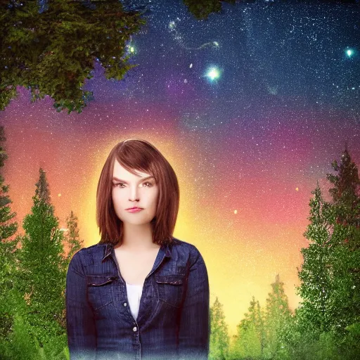 Prompt: an hd portrait photo of a cute young woman with short brown hair and green eyes, beautiful trees in the background, night sky with stars and galaxies, trending on artstation